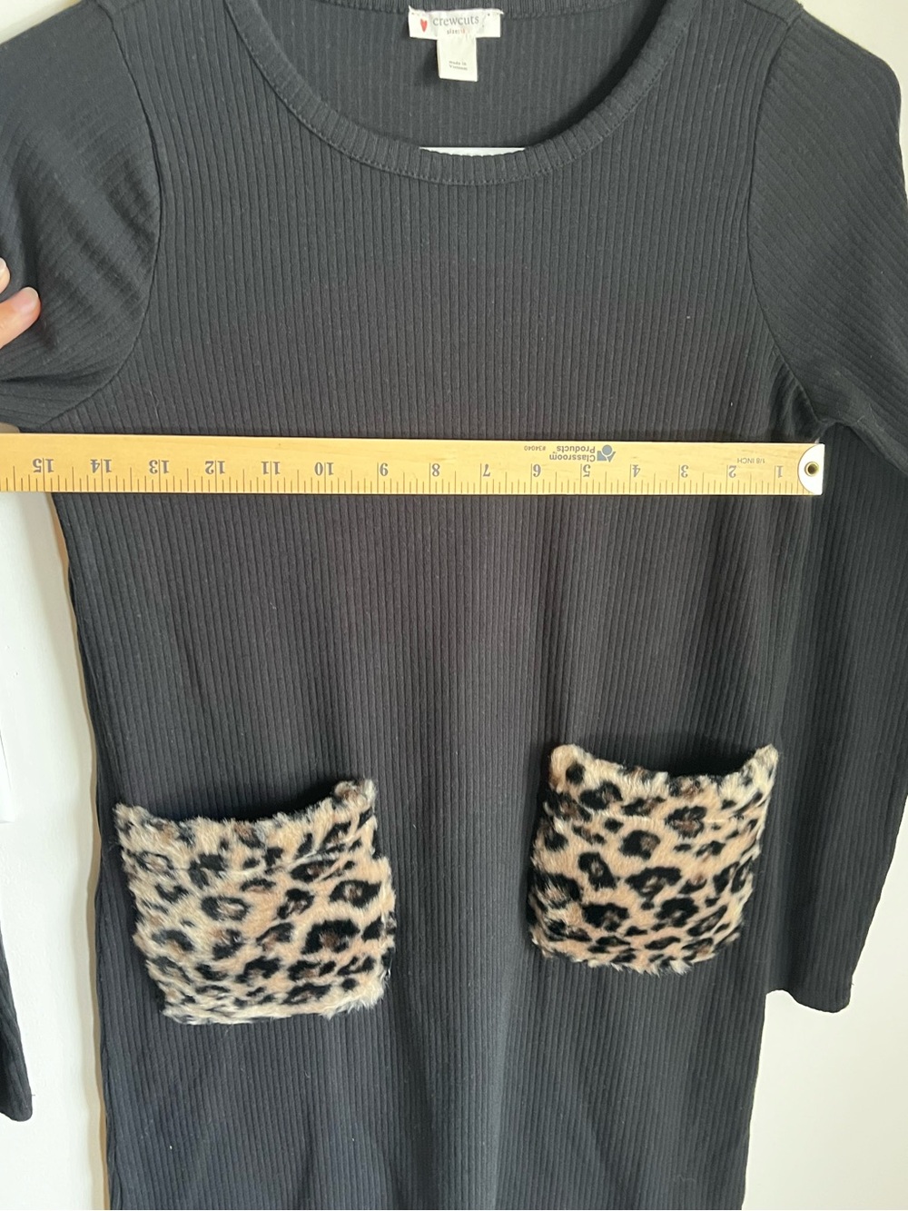 Crewcuts Black Ribbed Dress Leopard Print Faux-Fur Pockets Size 12 - Picture 10 of 11